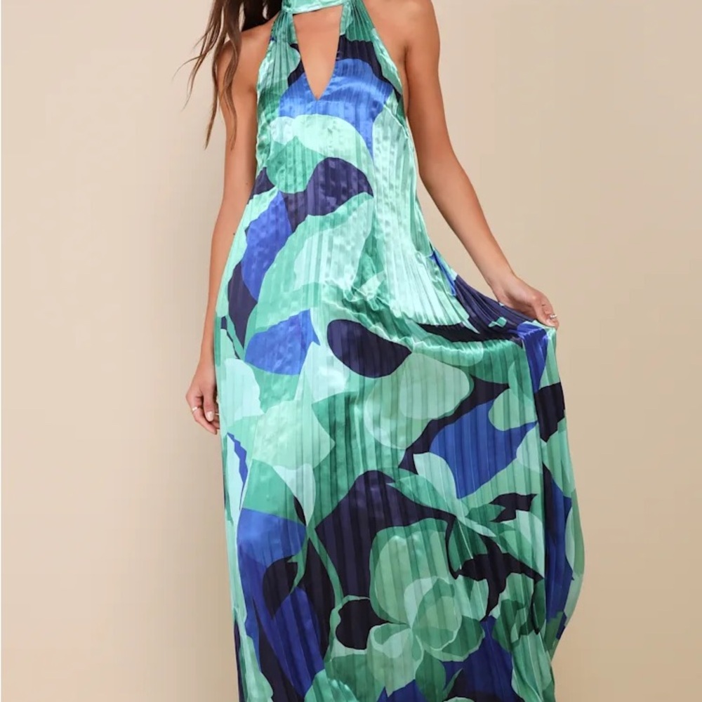 Prime Poise Green and Blue Abstract Satin Halter Maxi Dress - Picture 2 of 6